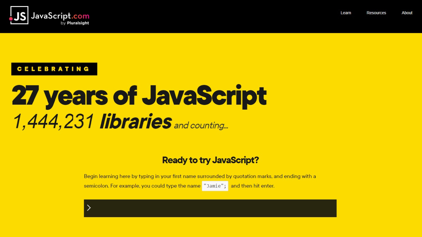 Image of JavaScript website homepage.