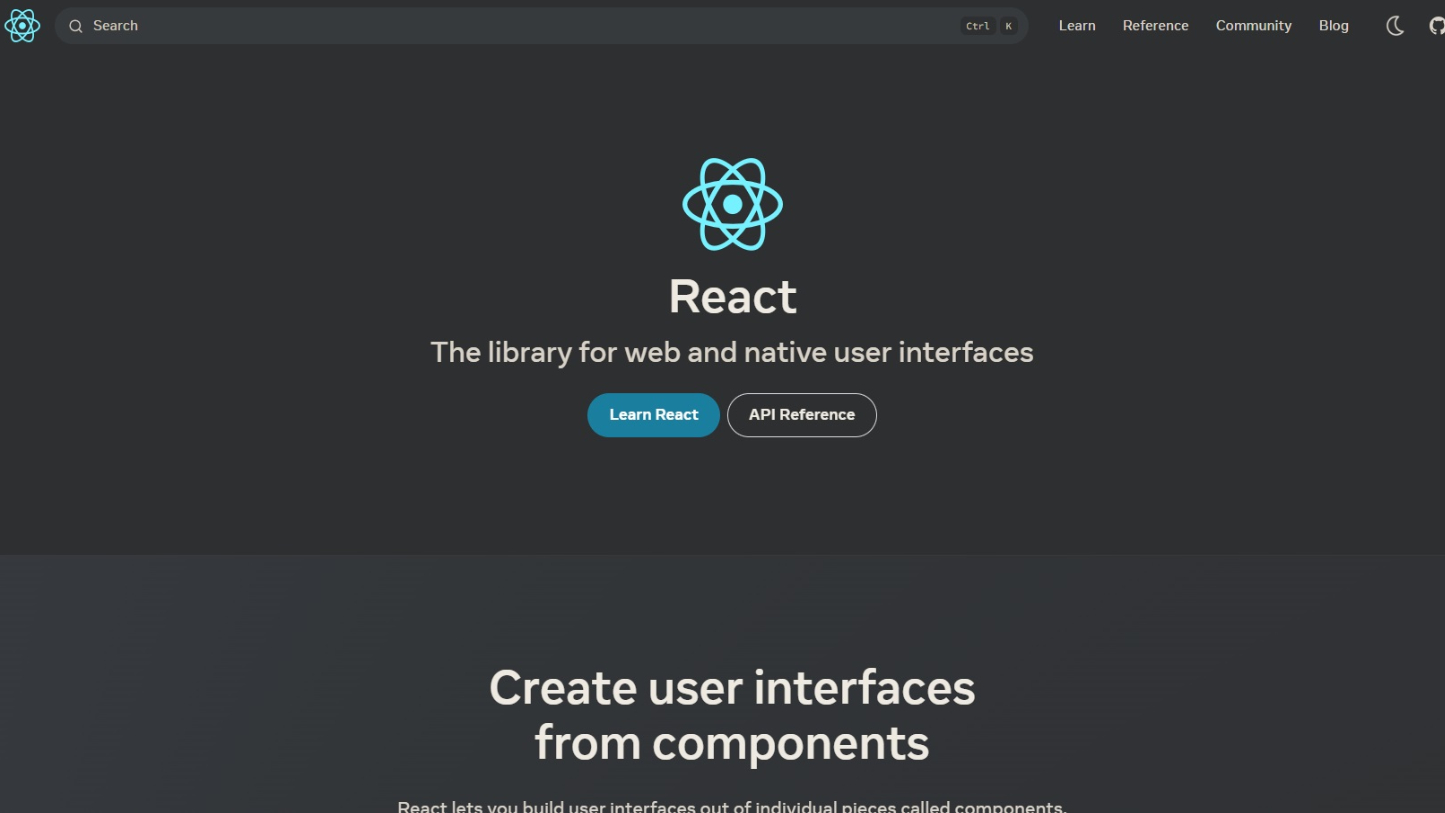 Image of React website homepage.